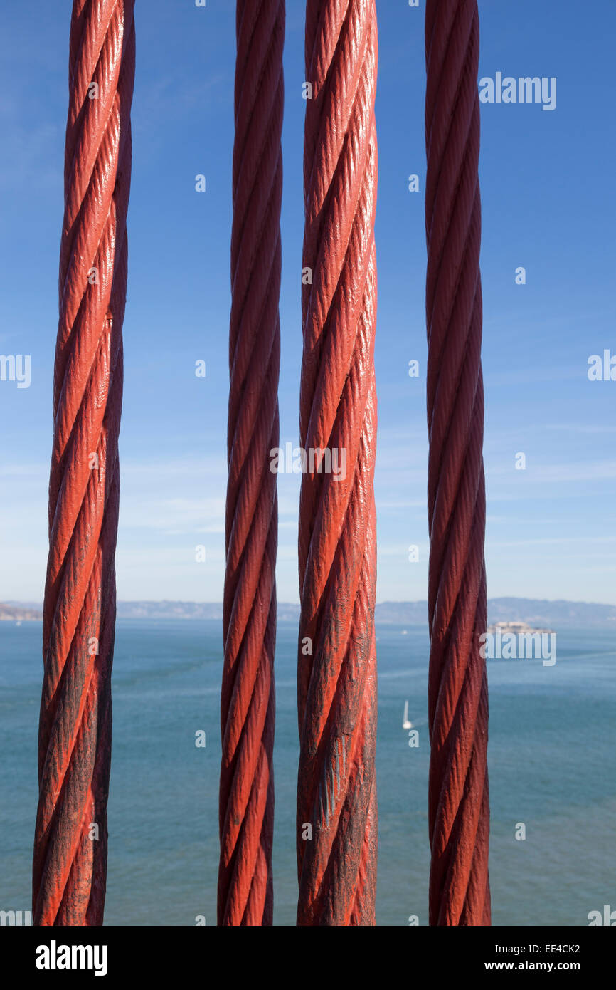 Vertical suspender ropes on the Golden Gate Bridge - San Francisco Bay, San Francisco, San Francisco County, California, USA Stock Photo