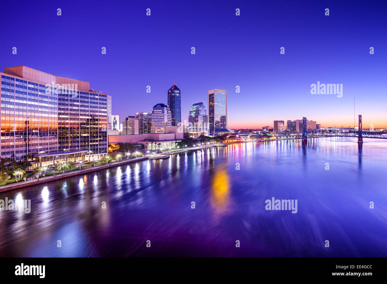 Jacksonville, Florida, USA city skyline on St. Johns River at dawn. Stock Photo