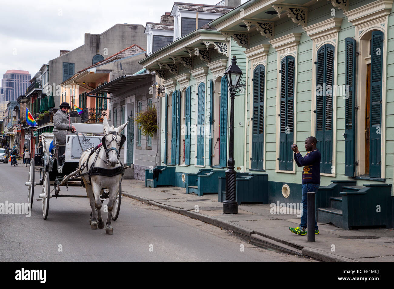 French Quarter, New Orleans, Louisiana.  Mule-drawn carriage Passing Two Shotgun Houses, Bourbon Street. Stock Photo
