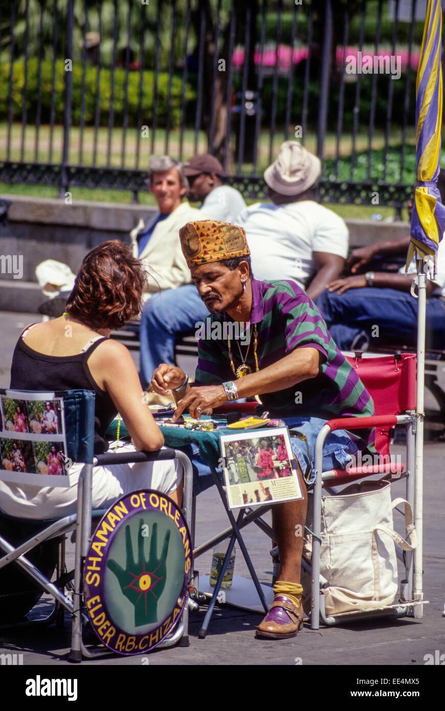 French Quarter, New Orleans, Louisiana.  Fortune Teller with Client, Jackson Square. Stock Photo