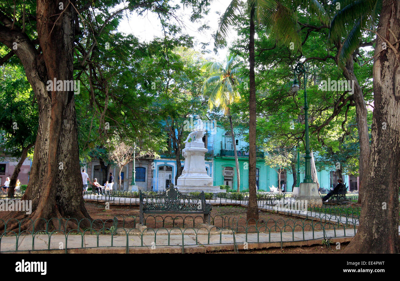 Statue of Miguel de Cervantes Saavedra and square in Old Havana, Cuba Stock Photo