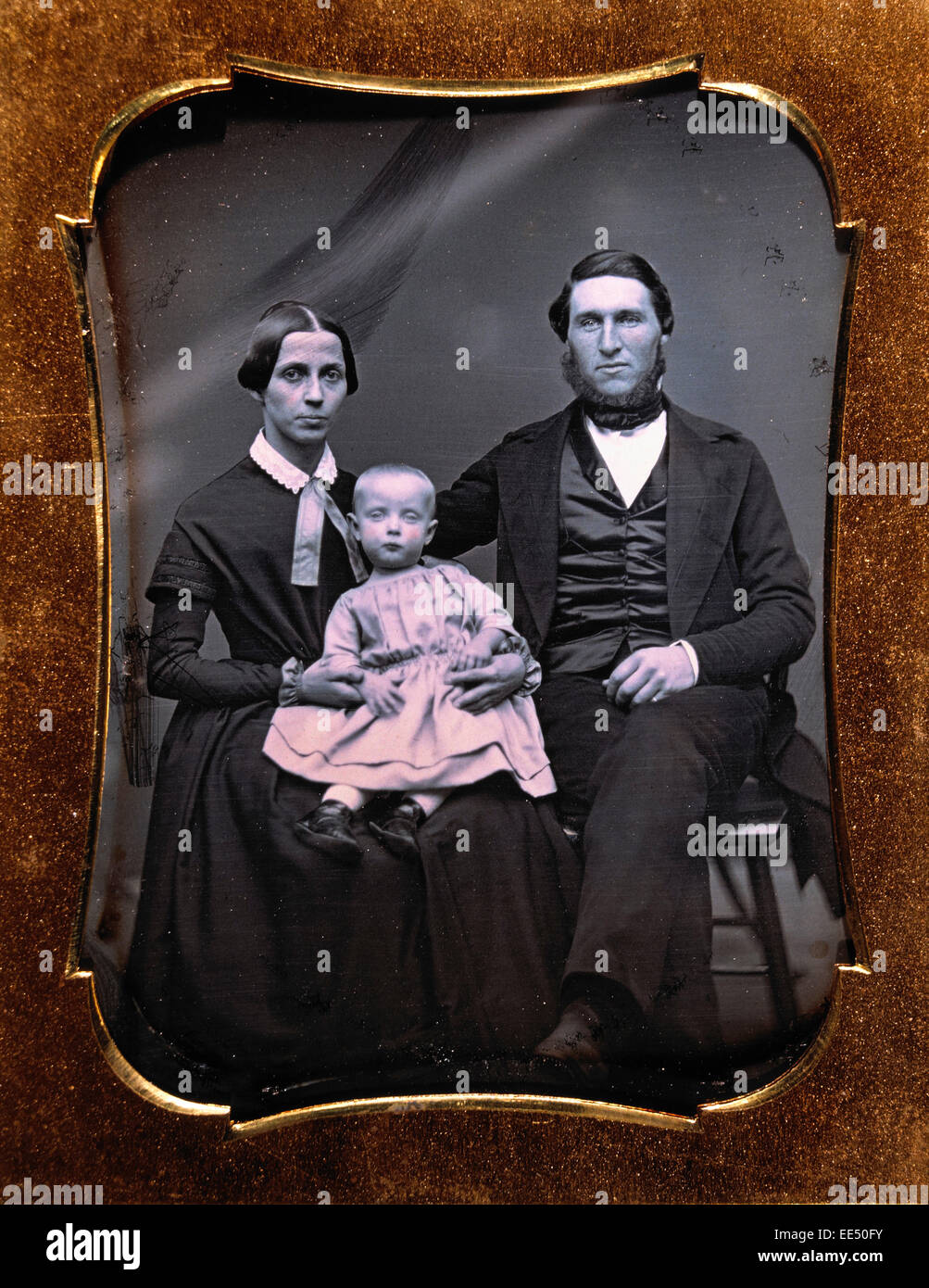 Family Portrait, Parents with one Child, Daguerreotype, circa 1850's Stock Photo