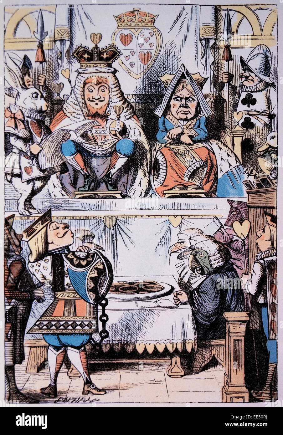 King and Queen of Hearts at the trial of the Knave of Hearts, Alice's Adventure in Wonderland by Lewis Carroll, Hand-Colored Illustration, Circa 1865 Stock Photo