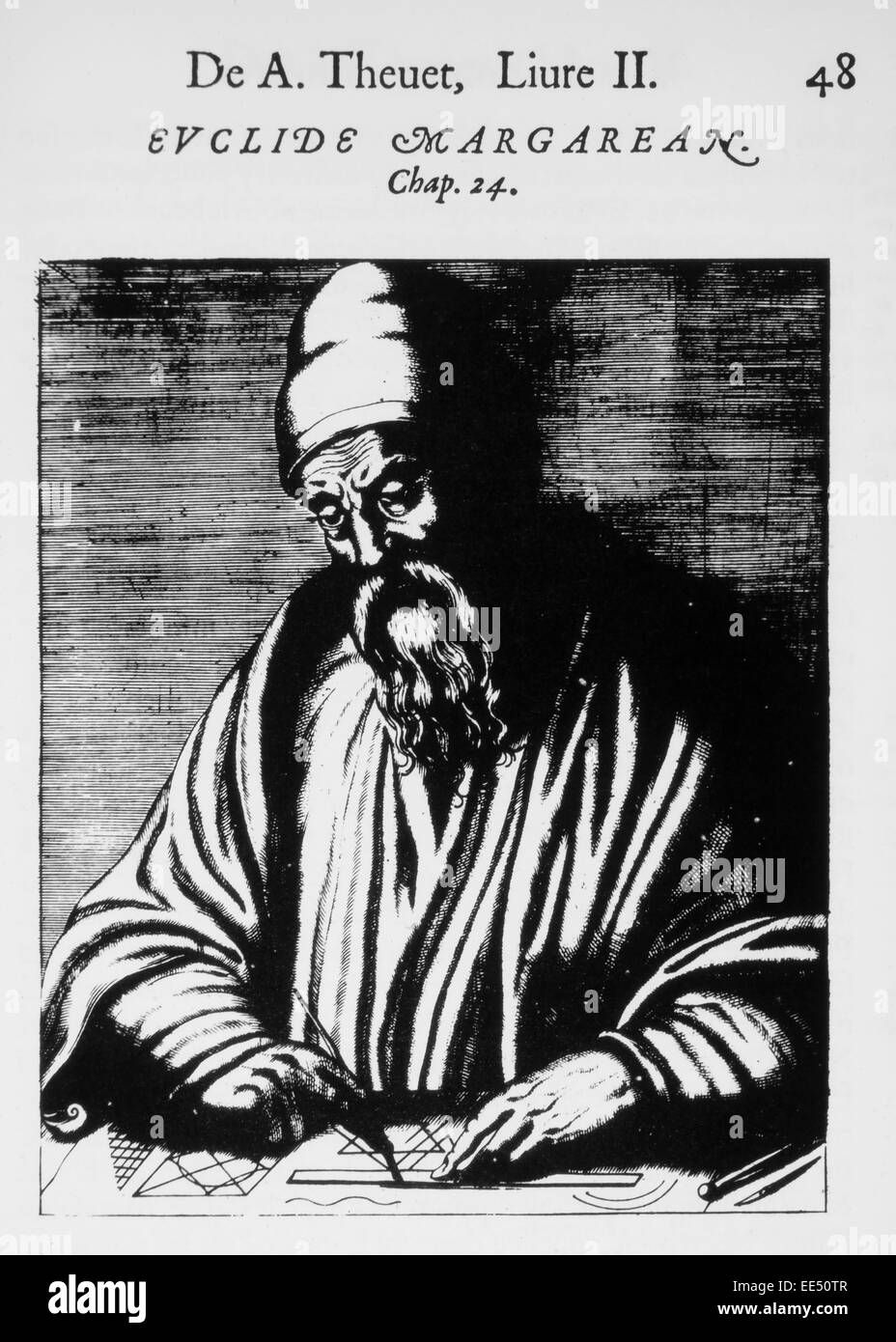 Euclid (300 BC), Greek Mathematician, Woodcut from 'Les Vrais Pourtraits et vies des Hommes Illustres', Andre Thevet, 1584 Stock Photo