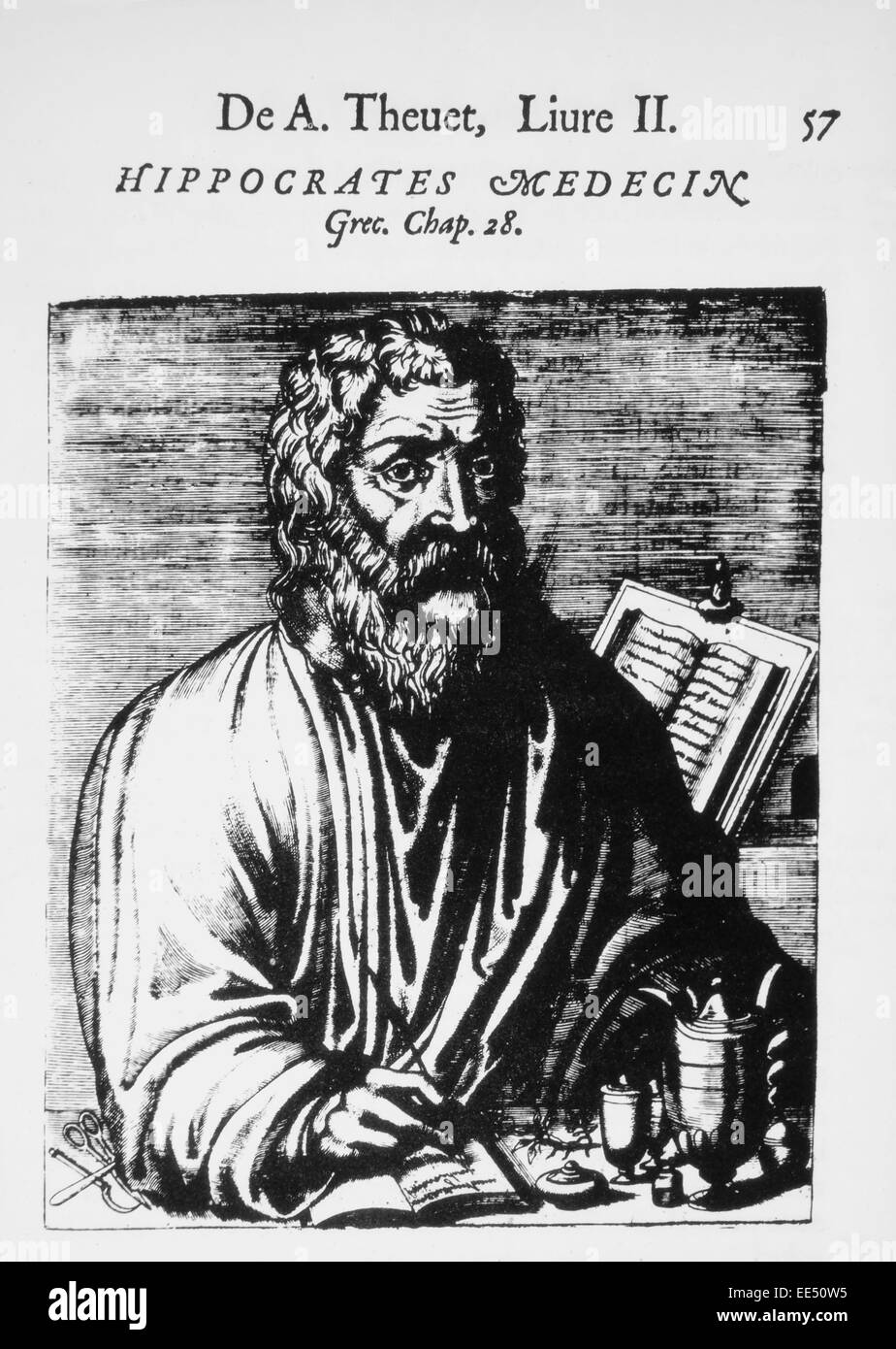 Hippocrates (460-370 BC), Greek Physician, Woodcut from 'Les Vrais Pourtraits et vies des Hommes Illustres', Andre Thevet, 1584 Stock Photo