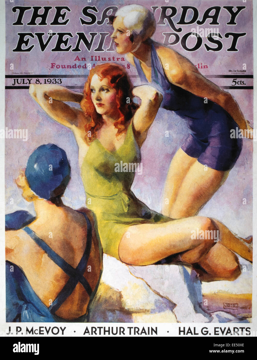 Three Women in Bathing Suits, Cover of Saturday Evening Post, circa 1933 Stock Photo