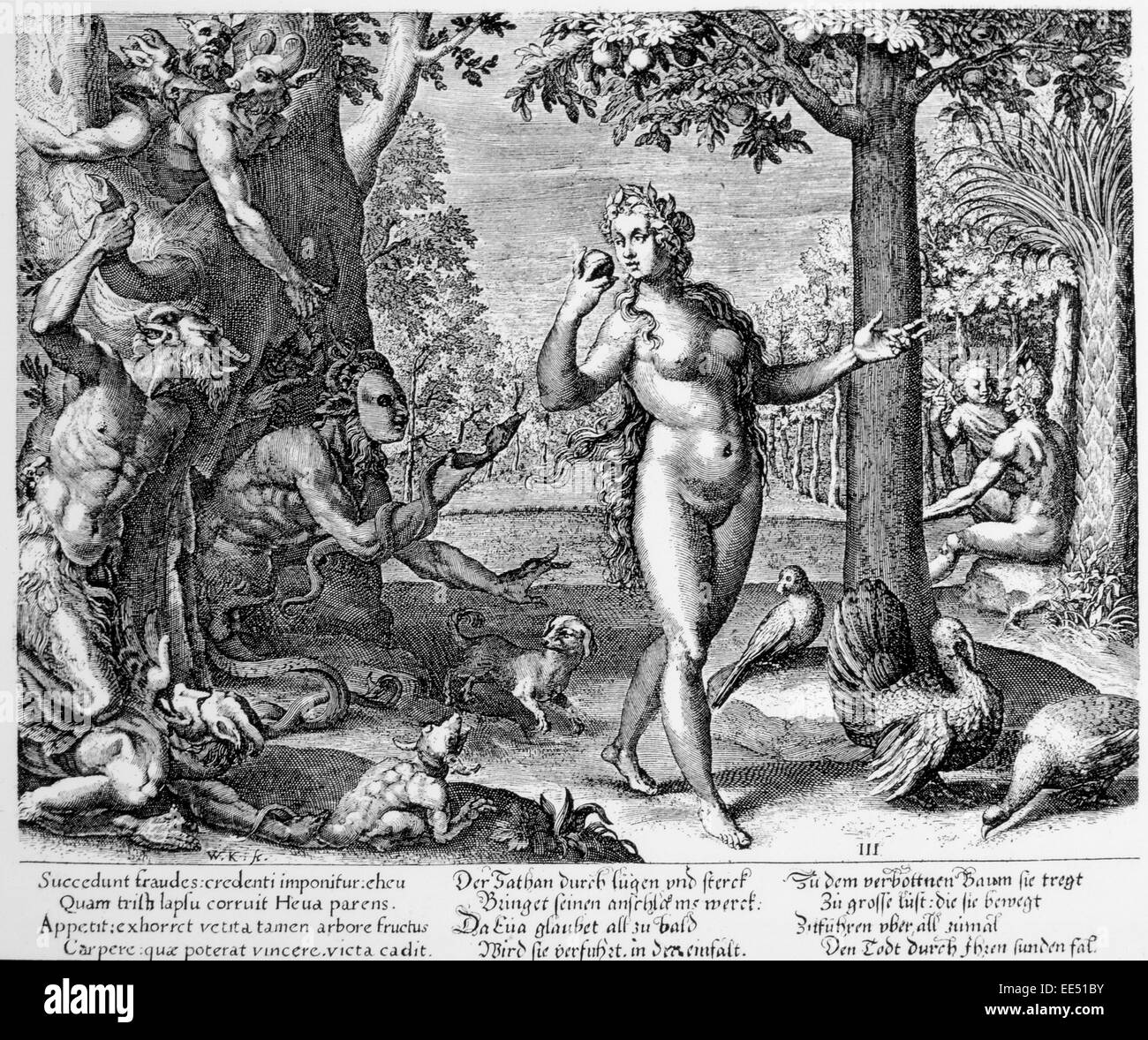 Temptation of Eve, Engraving by W. Kilian Stock Photo