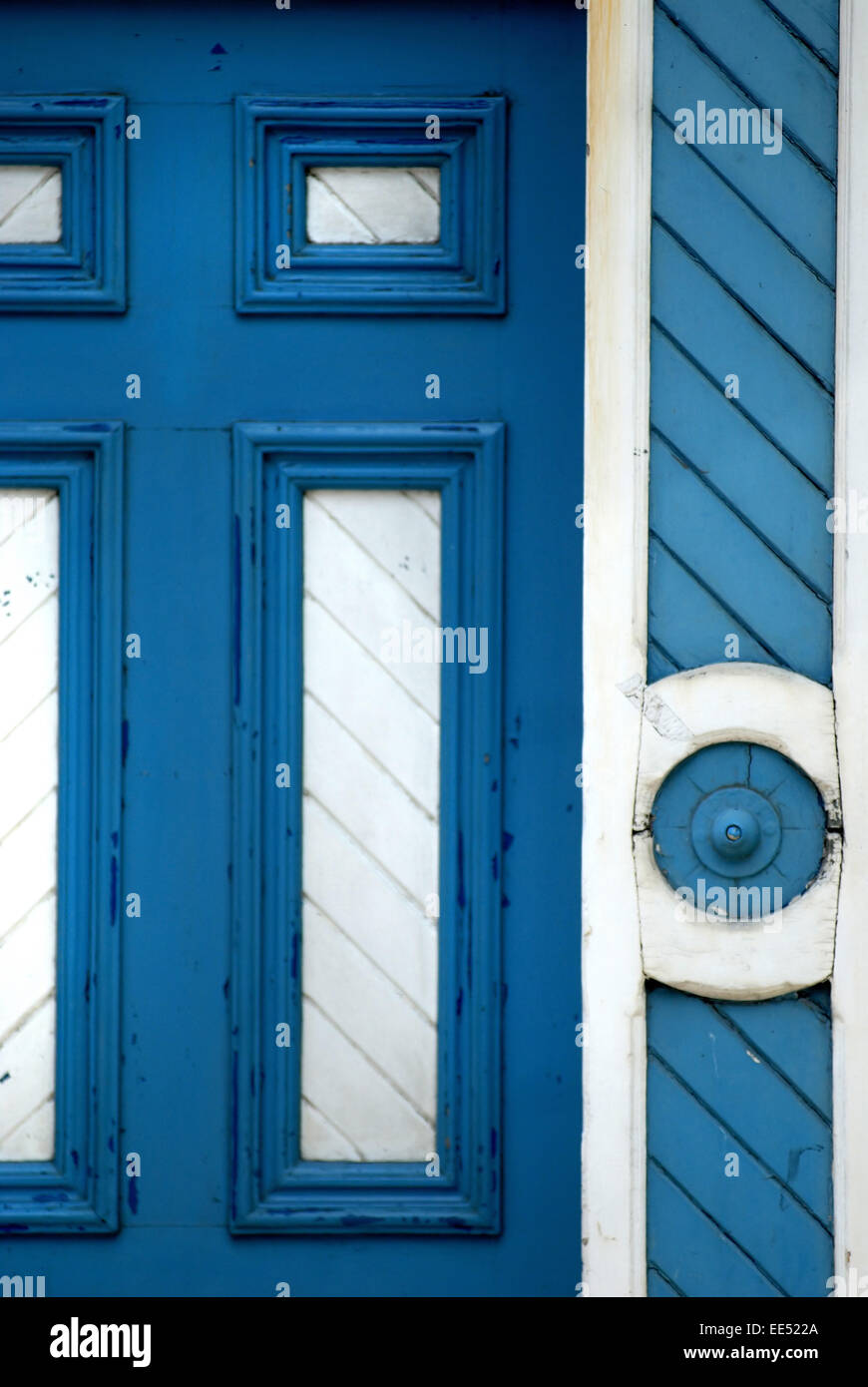 Blue and White paneled doorway, Hexham, Northumberland Stock Photo