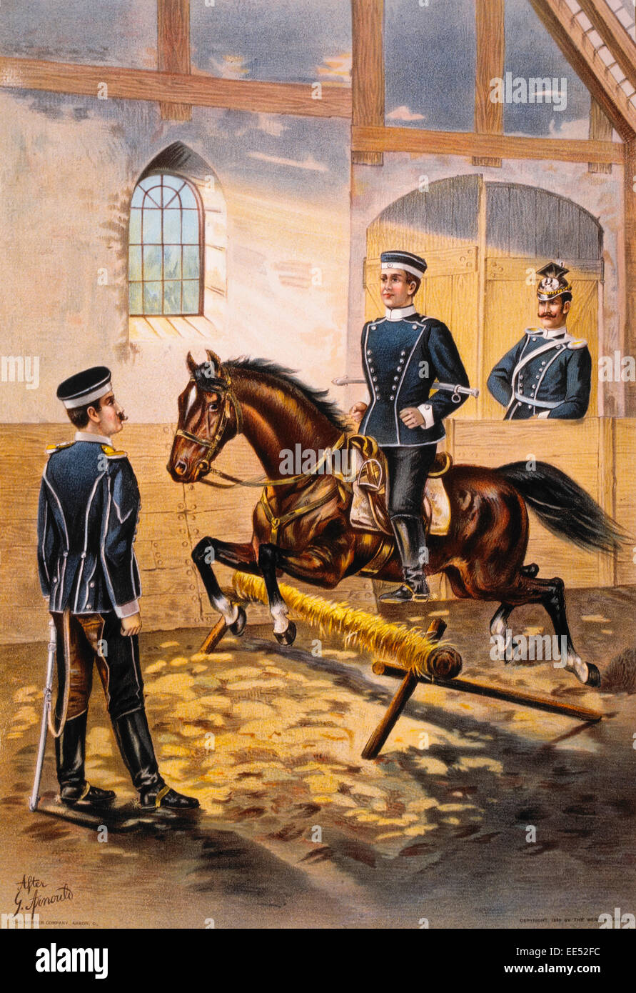 Riding School, First Royal Hanoverian Uhlans Regiment, Chromolithograph, 1899 Stock Photo