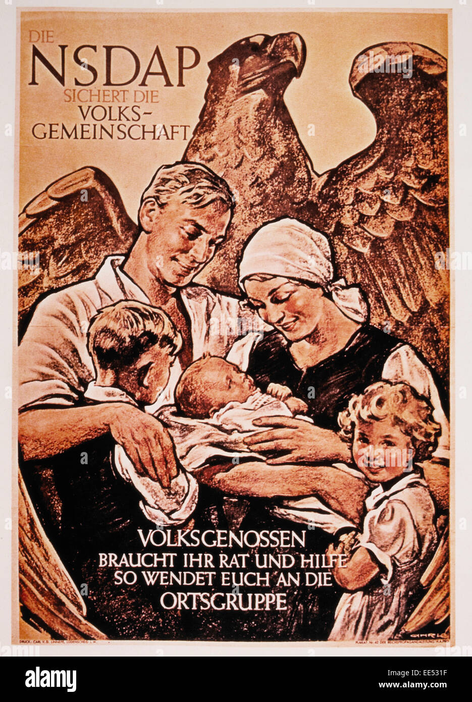 Family in Front of Eagle, Nazi Party (NSDAP) Political Poster, Germany, 1936 Stock Photo