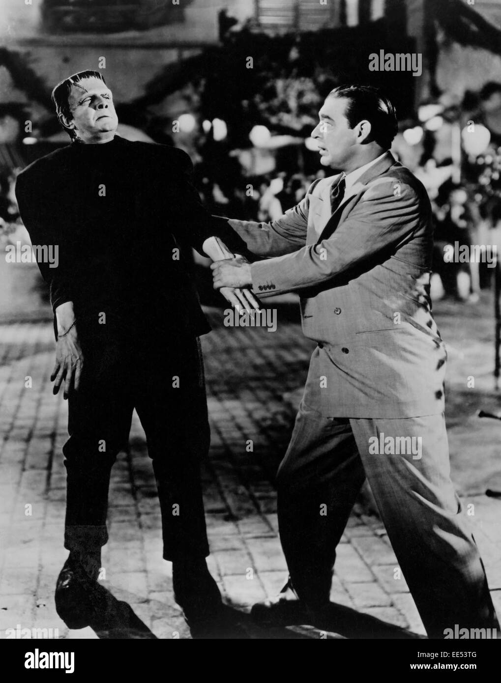 Bela Lugosi, Lon Chaney, Jr., on-set of the Film, 'Frankenstein Meets the Wolf Man', 1943 Stock Photo