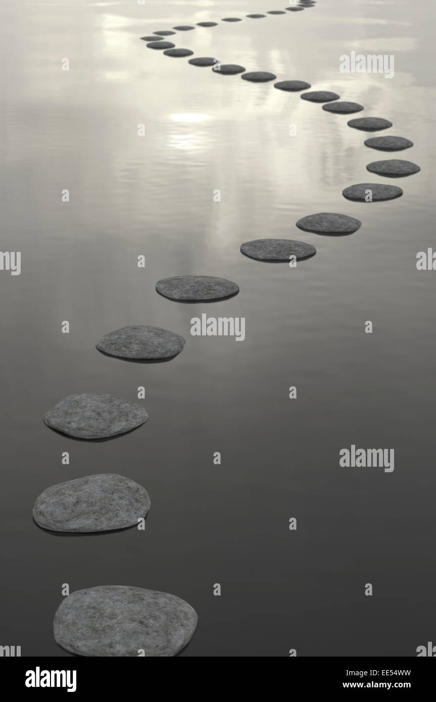 Stepping stones in a pond make a curved path across the water and off into the distance. Stock Photo
