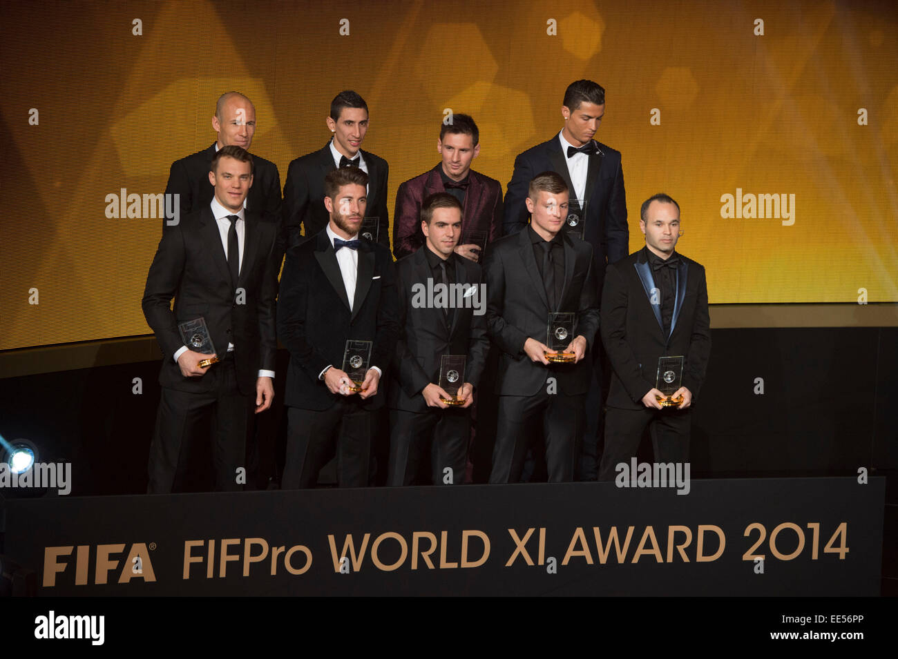 Zurich, Switzerland. 12th Jan, 2015. Winners of FIFA/FIFPro World XI 2014 Football/Soccer : Winners of the FIFA/FIFPro World XI 2014 (Top row - L to R) Arjen Robben, Angel Di Maria, Lionel Messi, Cristiano Ronaldo, (Bottom row - L to R) Manuel Neuer, Sergio Ramos, Philipp Lahm, Toni Kroos and Andres Iniesta pose with their trophies during the FIFA Ballon d'Or 2014 Gala at Kongresshaus in Zurich, Switzerland . © Maurizio Borsari/AFLO/Alamy Live News Stock Photo