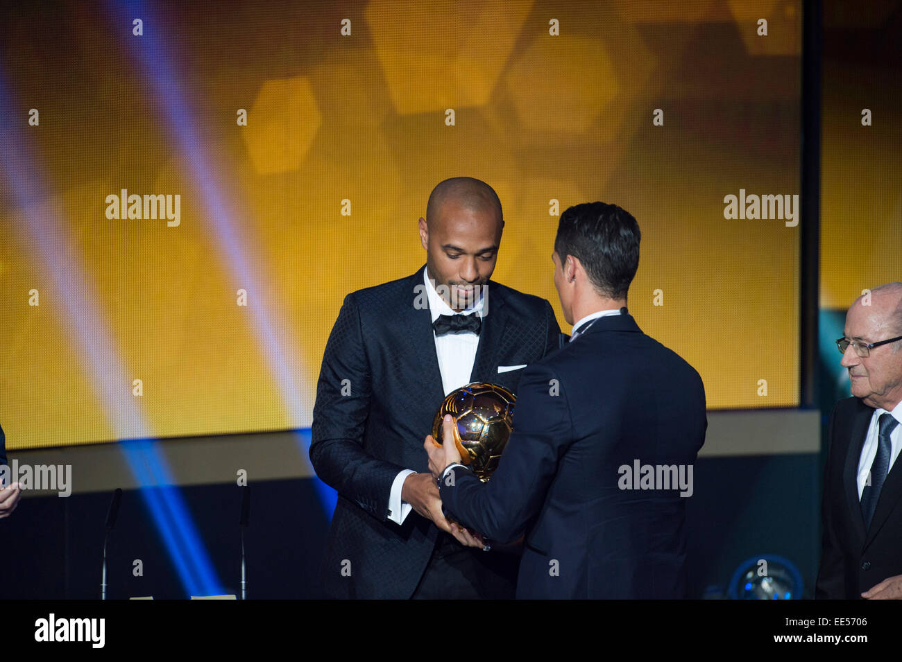 Zurich, Switzerland. 12th Jan, 2015. (L-R) Thierry Henry, Cristiano Ronaldo  Football/Soccer : Cristiano Ronaldo receives the FIFA Ballon d'Or trophy  from Thierry Henry during the FIFA Ballon d'Or 2014 Gala at Kongresshaus