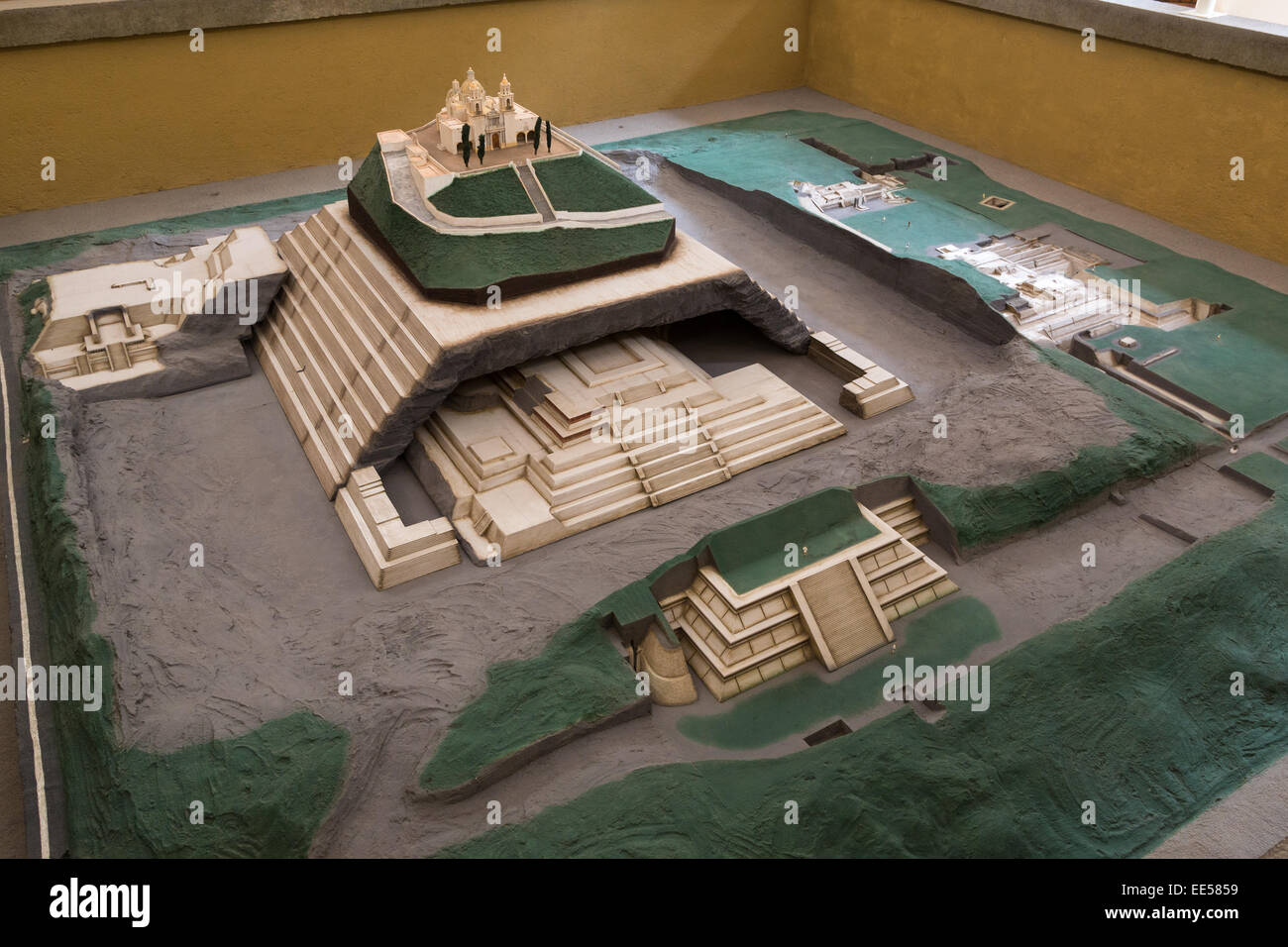 Model of the grounds at the Great Pyramid of Cholula or Tlachihualtepetl , a prehispanic archaeological site in Puebla, Mexico Stock Photo