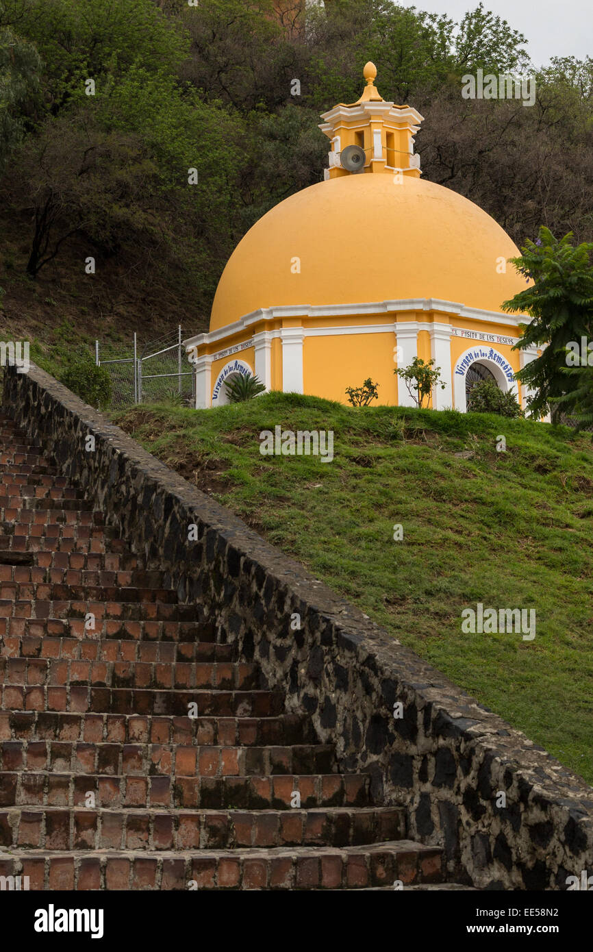 Domed chapel at the Great Pyramid of Cholula or Tlachihualtepetl , a prehispanic archaeological site in Puebla, Mexico Stock Photo