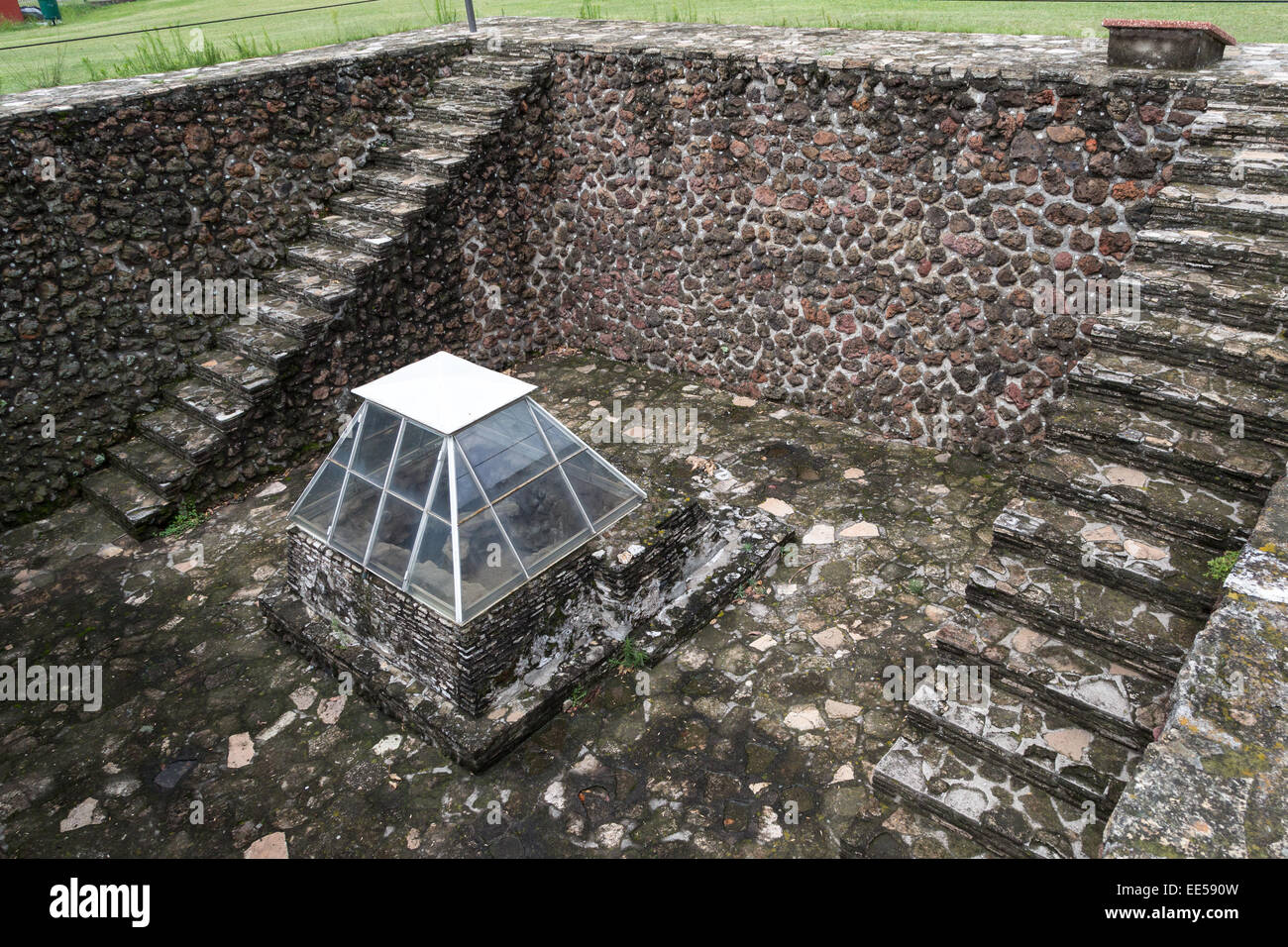 Excavated terraces at the Great Pyramid of Cholula or Tlachihualtepetl , a prehispanic archaeological site in Puebla, Mexico Stock Photo