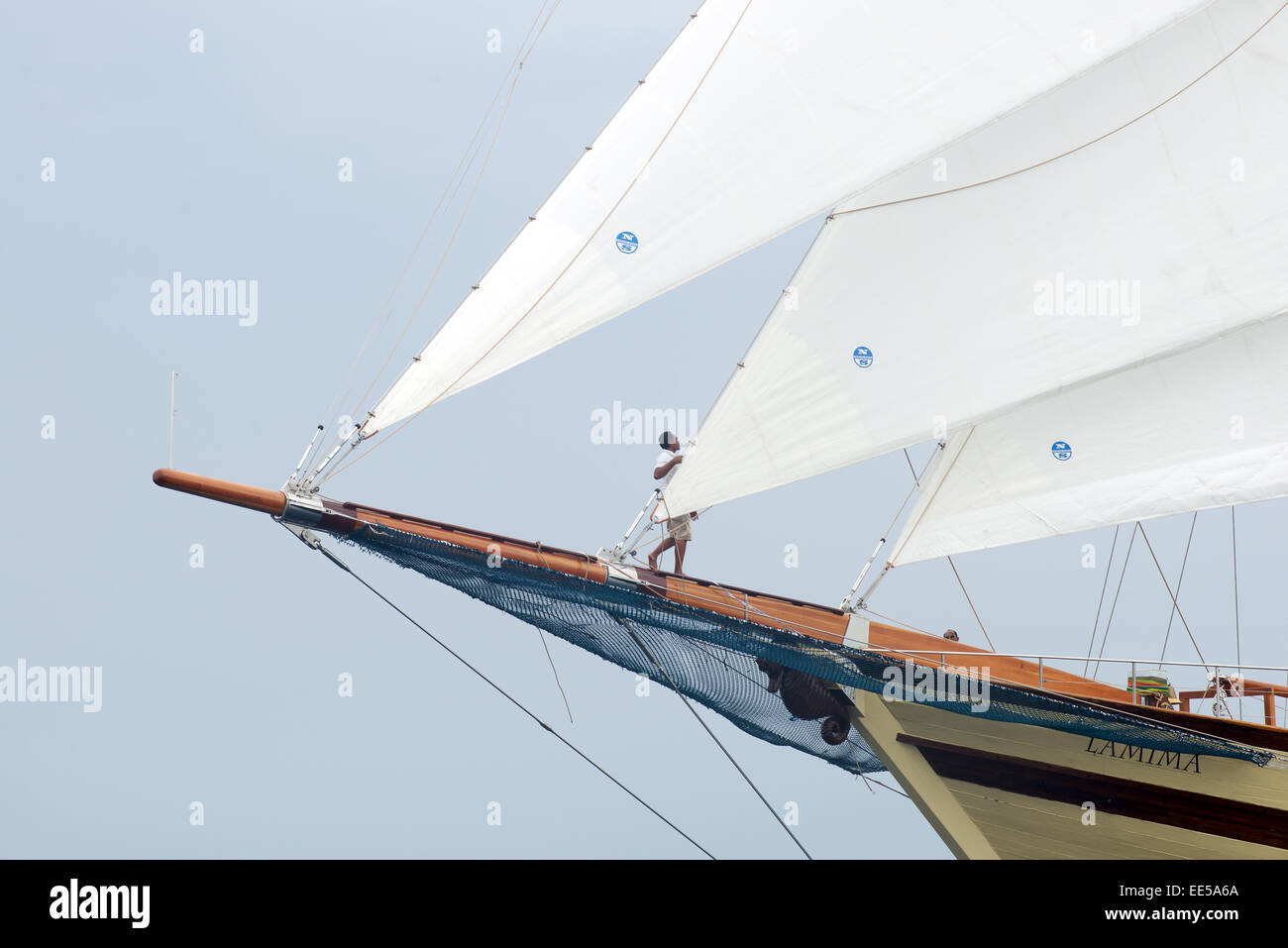 World largest wooden sailing yacht Lamima on sail, Raja Ampat Indonesia Stock Photo