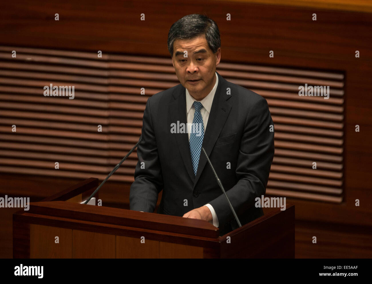 Hong Kong, China. 14th Jan, 2015. Hong Kong Chief Executive Leung Chun-ying delivers his policy address for the year of 2015 in Hong Kong, south China, Jan. 14, 2015. © Lui Siu Wai/Xinhua/Alamy Live News Stock Photo