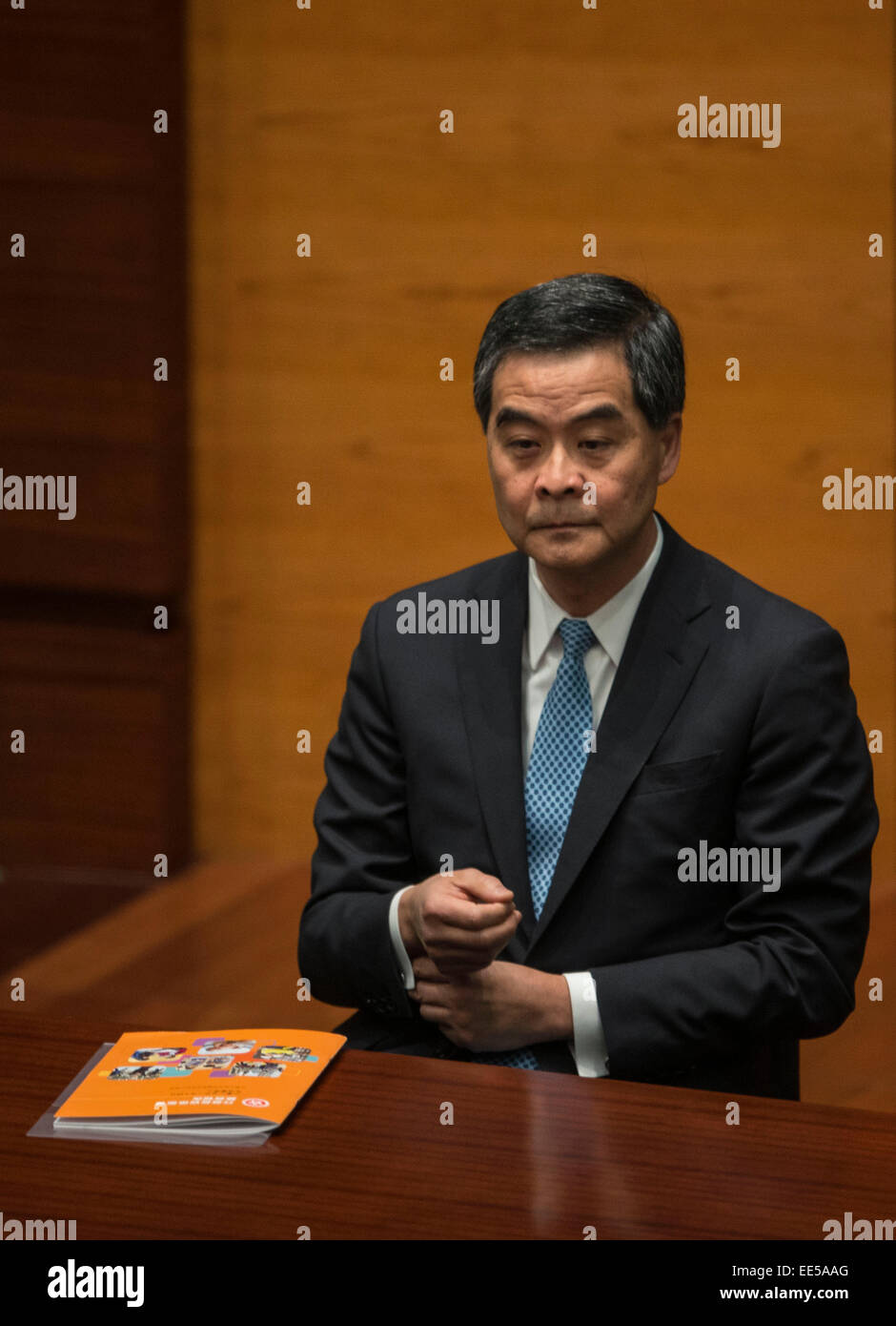Hong Kong, China. 14th Jan, 2015. Hong Kong Chief Executive Leung Chun-ying delivers his policy address for the year of 2015 in Hong Kong, south China, Jan. 14, 2015. © Lui Siu Wai/Xinhua/Alamy Live News Stock Photo
