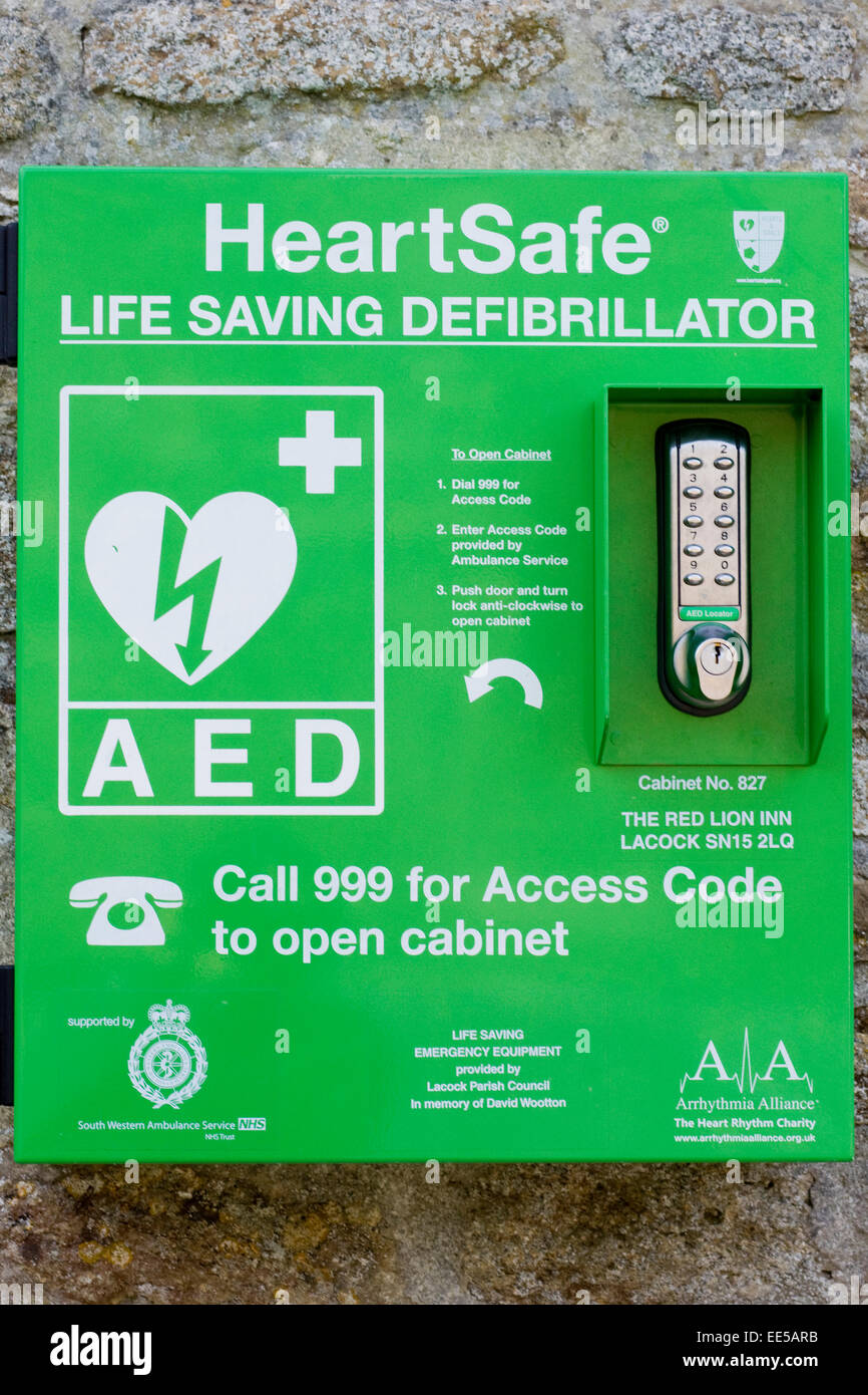 Heart safe Automated External Defibrillator attached to a stone wall