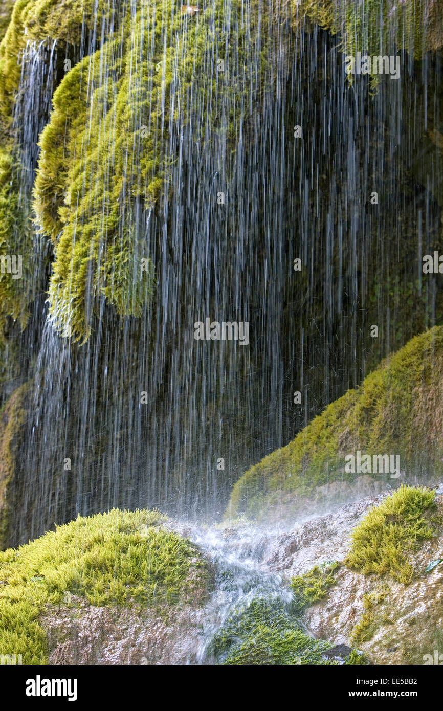 Wasserfall, Wasserfaelle, Schleierfaelle, Wasser, fliessen, Natur, Frische, Feuchtigkeit, Vegetation, Moos, gruen, Bewegung, Deu Stock Photo