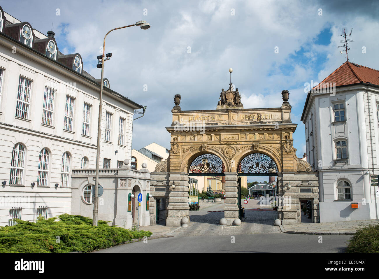Historic gate, Pilsner Urquell brewery, Pilsen, Bohemia, Czech Republic, Europe Stock Photo