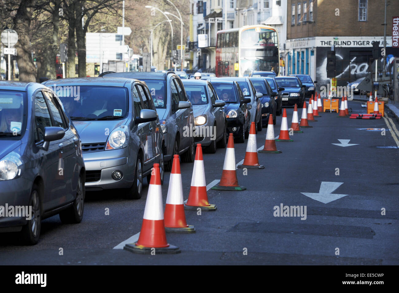 Roadworks at the bottom of Edward Street Brighton and the junction with Grand Parade is causing massive traffic congestion for drivers in the city centre Stock Photo