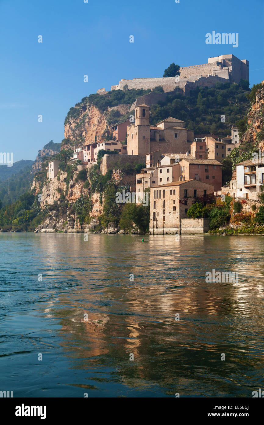 Miravet Castle and the Ebro river in Catalonia. Stock Photo