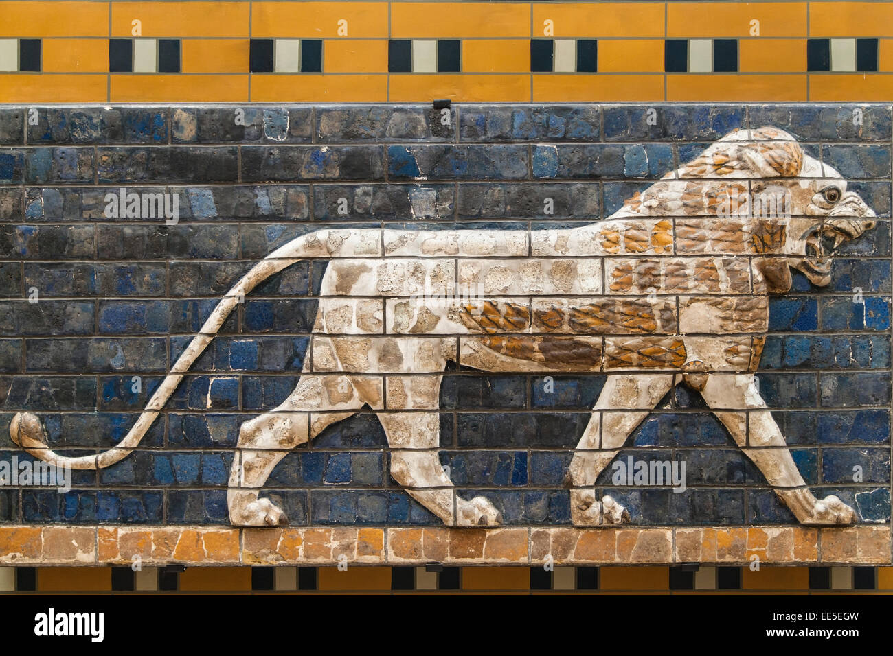 Mosaic of a Lion on the Ishtar Gate, Istanbul, Turkey. Stock Photo