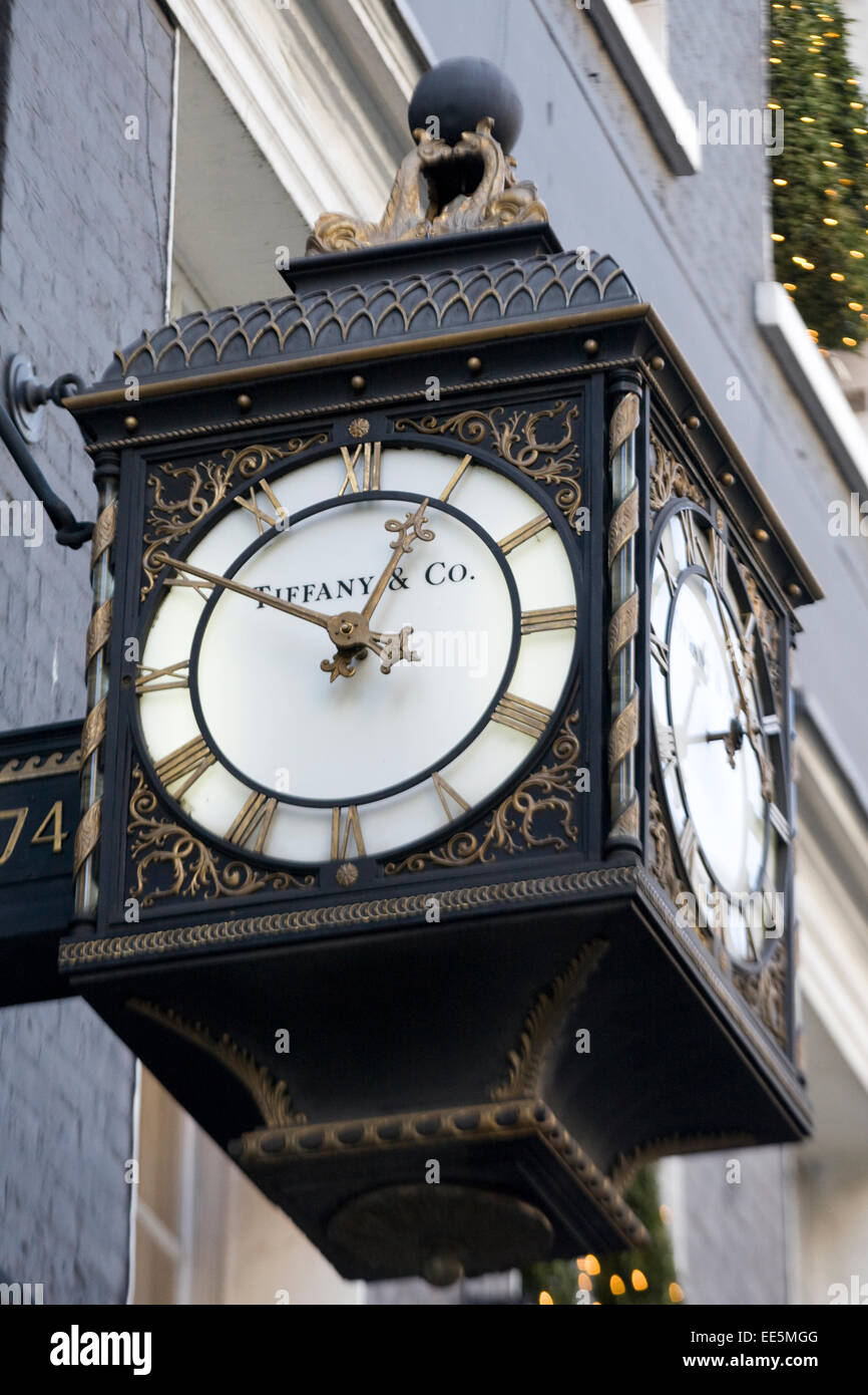 Clock on the front of the famous Tiffany & Co store in London England Stock Photo