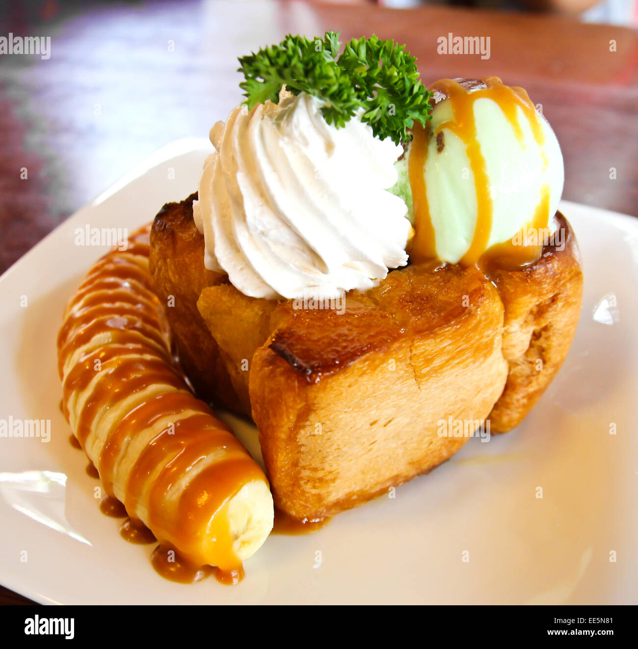 Honey toast with sliced banana Stock Photo