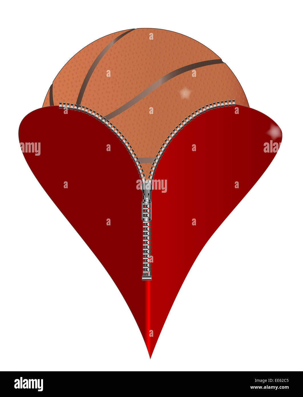 A red heart with a zipper showing a basketball rising from within Stock Photo