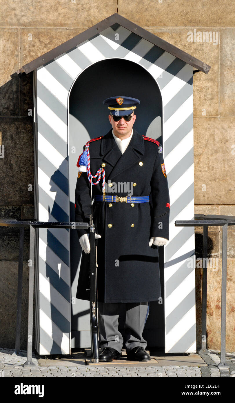 Prague, Czech Republic. Soldier standing on guard by Castle main gates Stock Photo