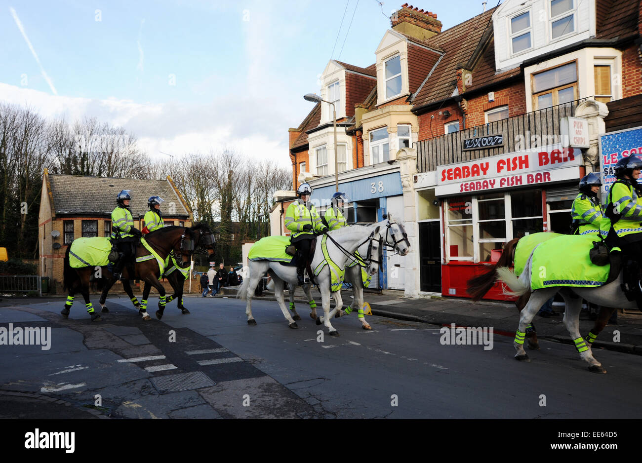 Charlton South East London UK  Police on horse back for Charlton Athletic football match security Stock Photo