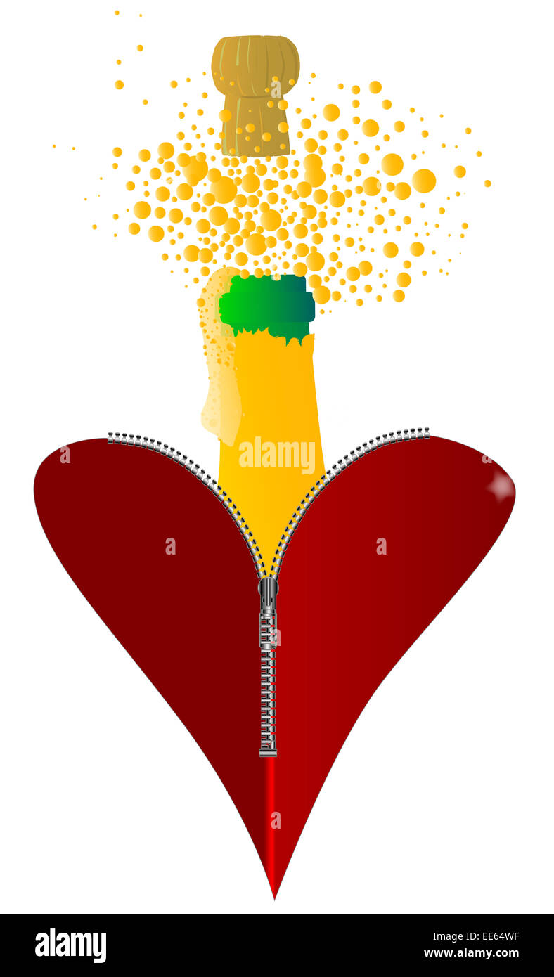 A red heart with a zipper showing a bottle of champagne rising from within Stock Photo