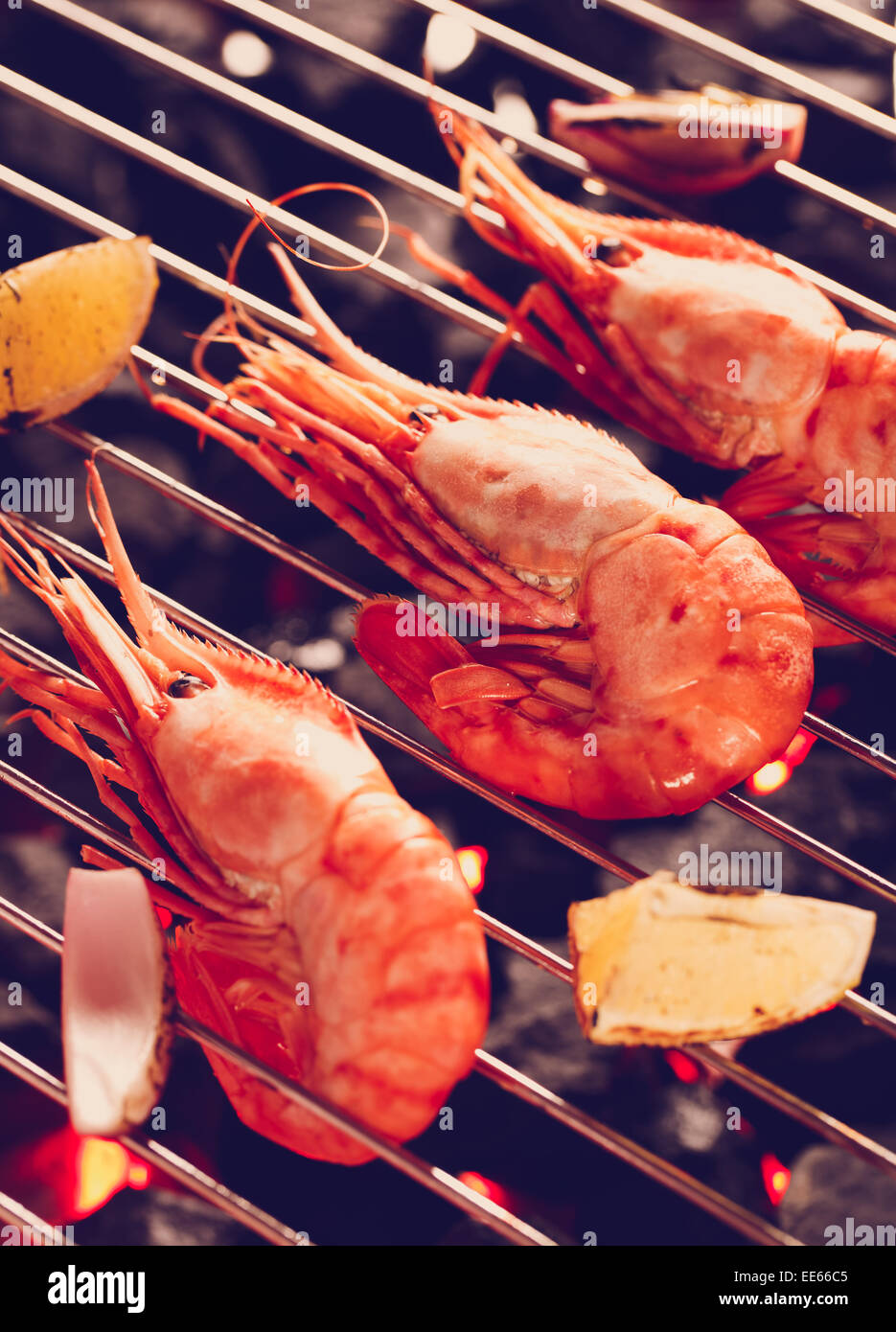 Shrimp on a grill with instagram style filter Stock Photo