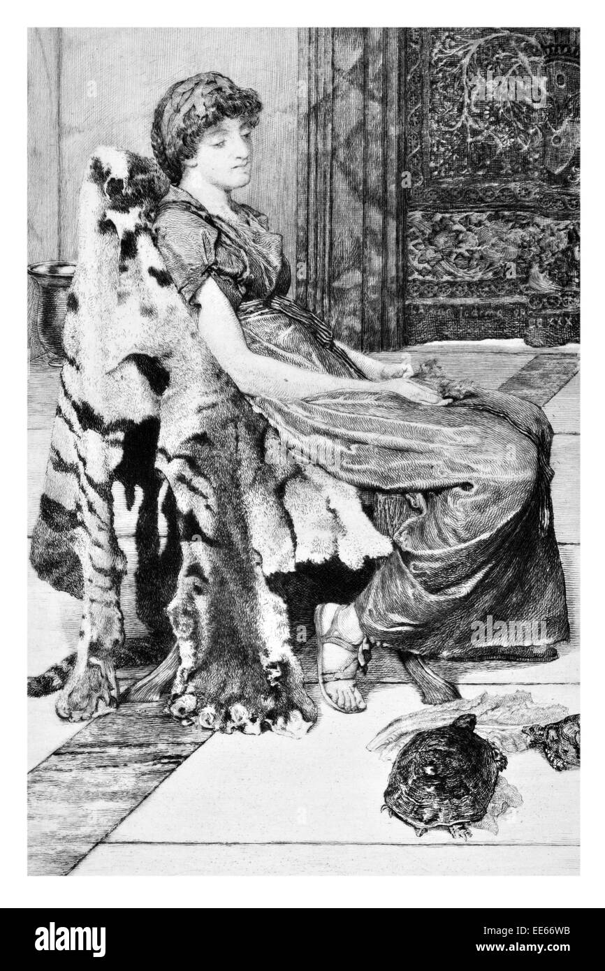 Quiet Pets Sir Lawrence Alma Tadema Oliver Charles Murray turtle tiger skin period costume dress gown peace peaceful pet animal Stock Photo