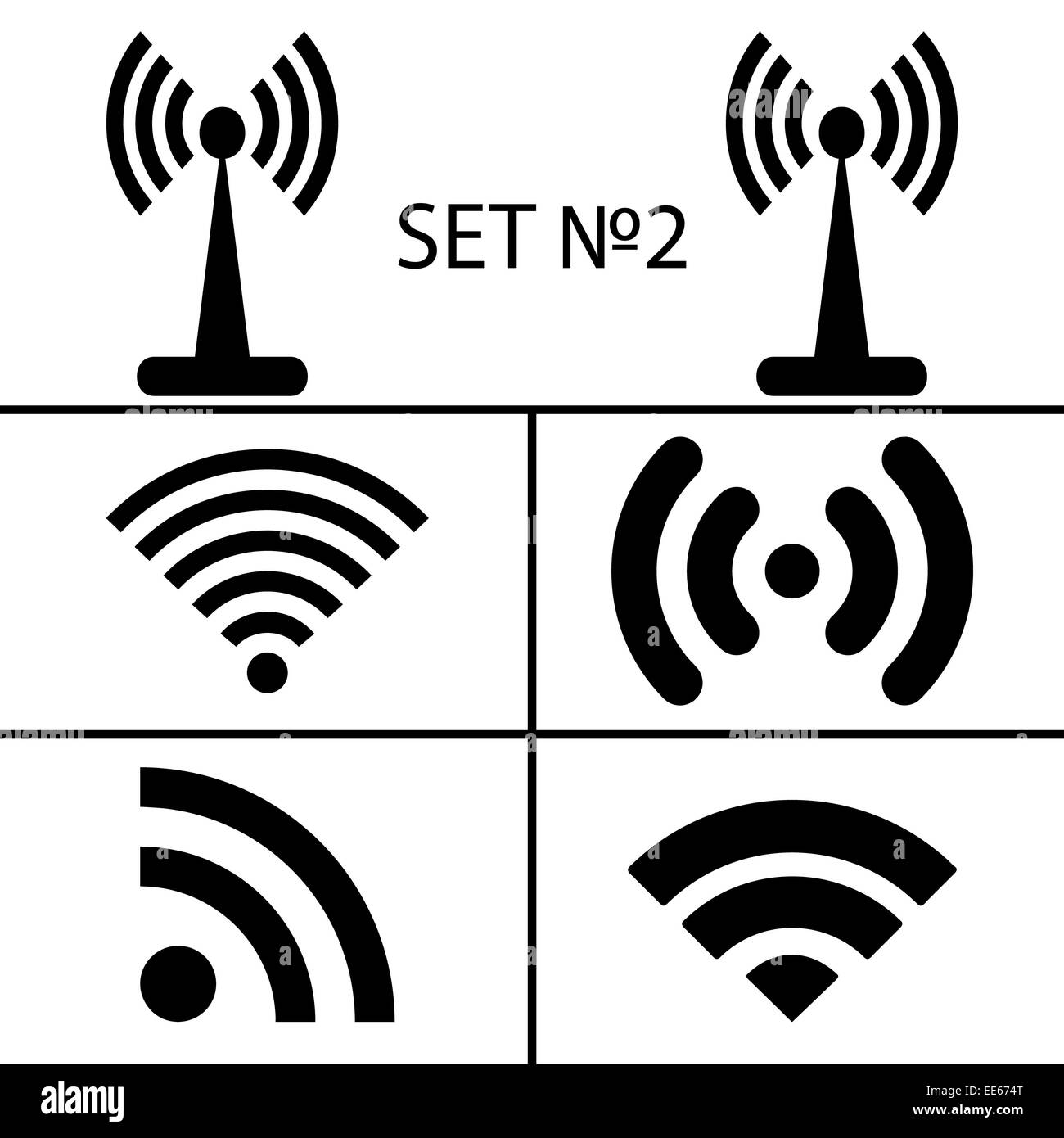Set 2. Fourteen different black wireless and wifi icons for remote access communication via radio waves. Vector illustration EPS10 Stock Photo