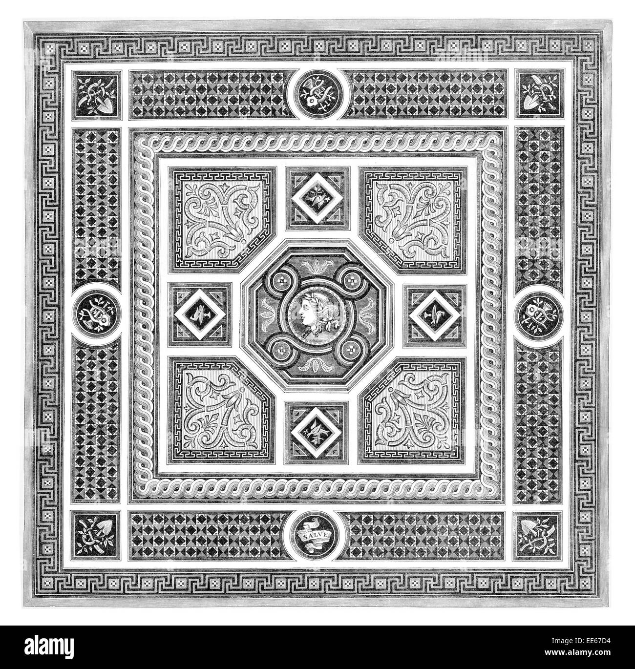 mosaic pavement Messrs Minton Stoke on Trent  tesser tile tiles tiled floor roman Greek mosaics octagonal panel guilloche border Stock Photo