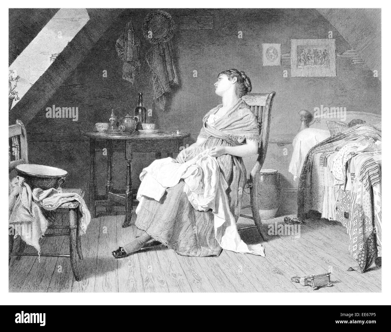 Weary E Radford tired worn out sleepy had enough fedup depressed depression period costume dress room bedroom chamber bed Stock Photo