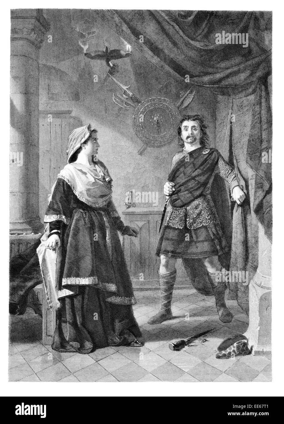 Macbeth by Alexander Johnston William Shakespeare Scottish period costume dress kilt tartan theater tragedy knife murder scene Stock Photo