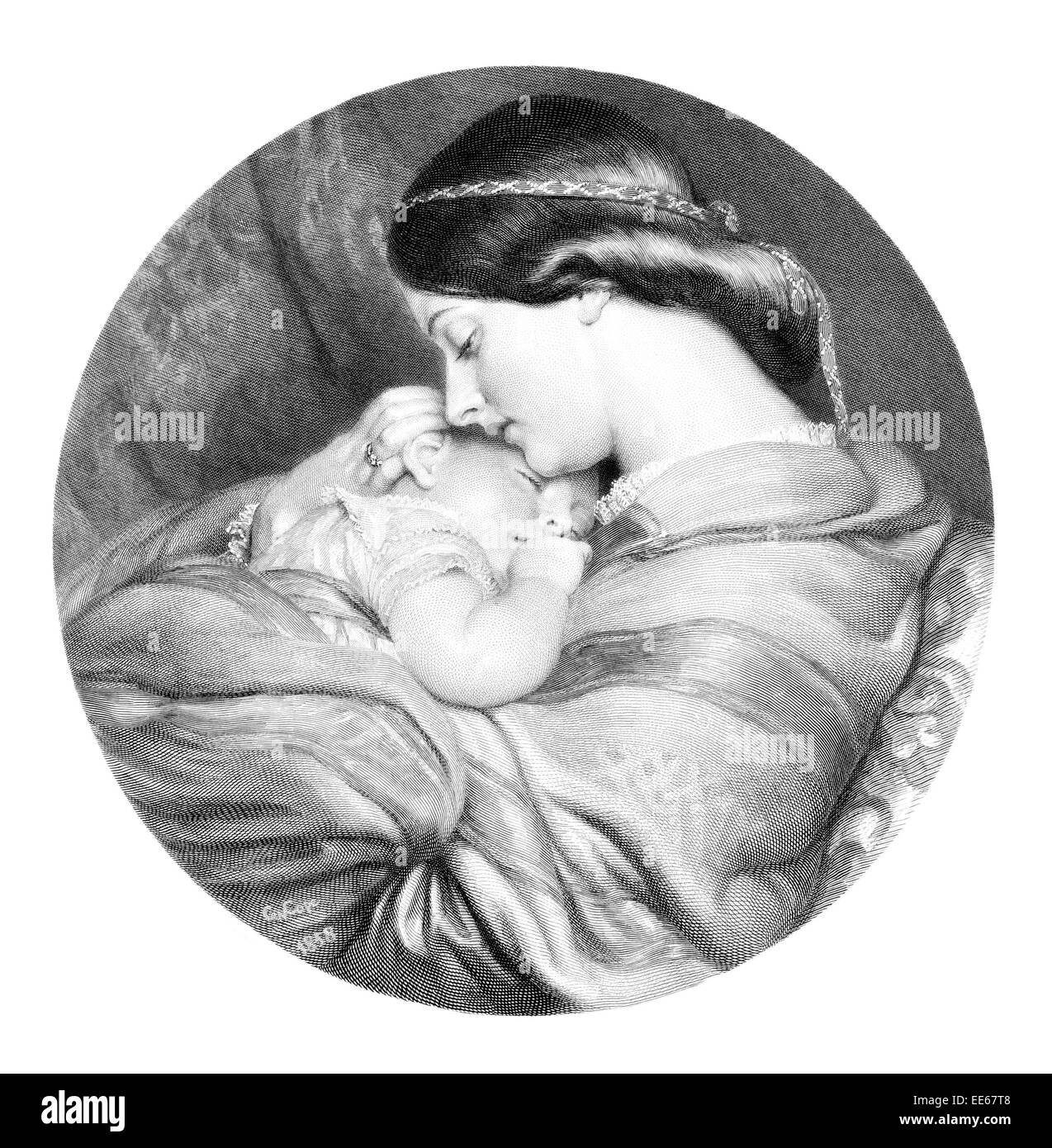 The Young Mother Charles West Cope Woman Female grace graceful beauty female Lady girl baby child infant sleeping rest cradle Stock Photo