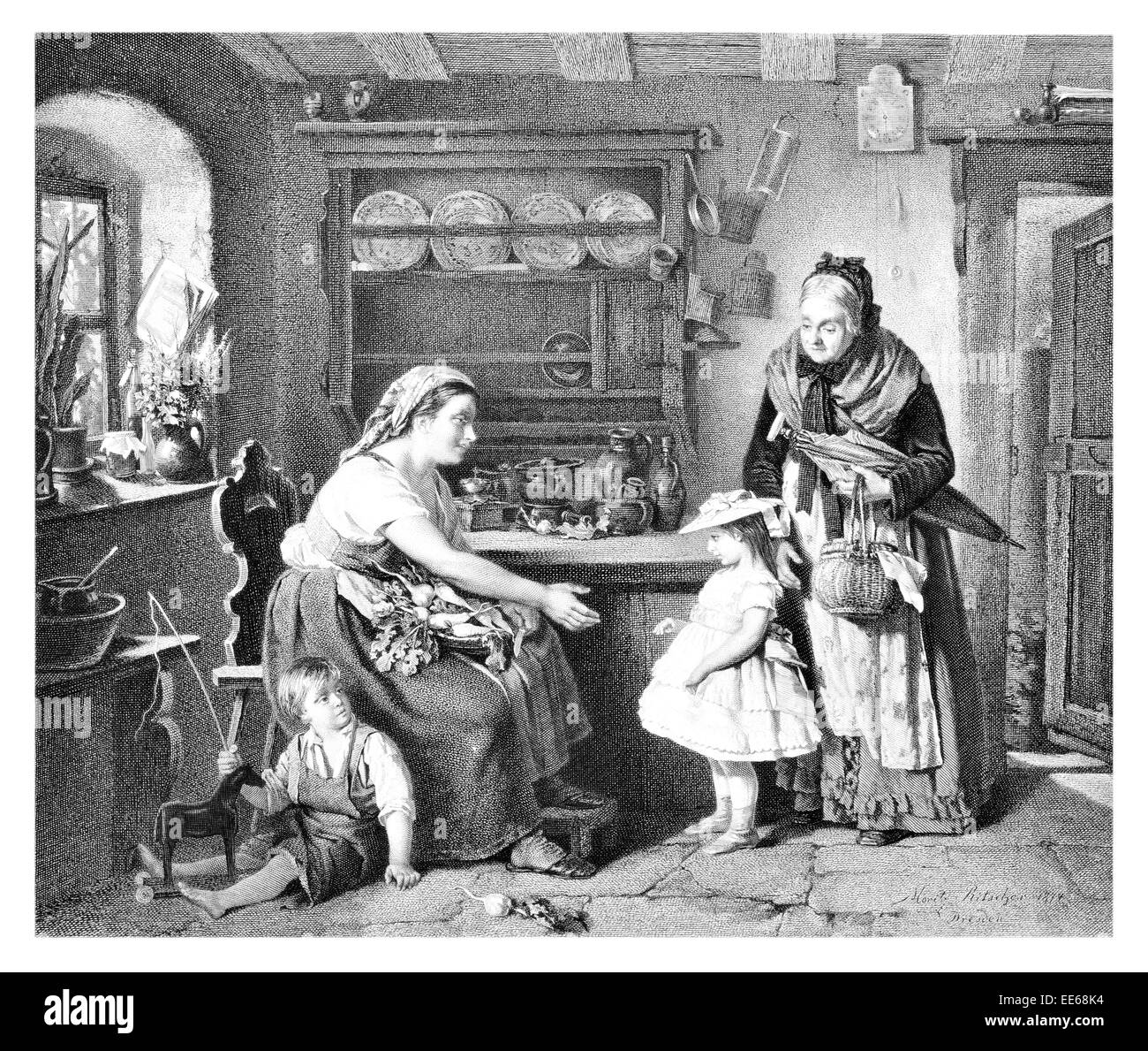 The visit of the Foster Child M Ritscher peasant working class cottage family home kitchen mother daughter son grandmother Stock Photo