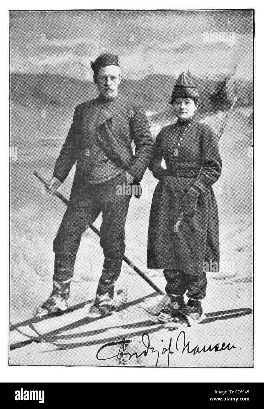 Fridtjof Nansen and Fru Nansen on Ski skiing Norwegian explorer scientist diplomat humanitarian Nobel Peace Prize laureate Stock Photo