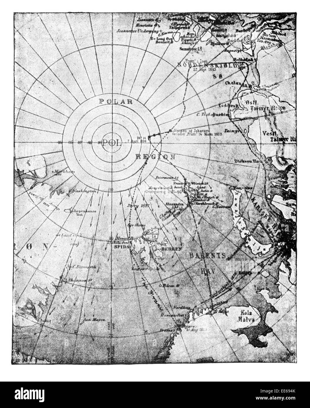 Map Fram Drift Sledge Journey Fridtjof Nansen Navigation Norwegian explorer scientist diplomat Nobel Peace Prize laureate Stock Photo