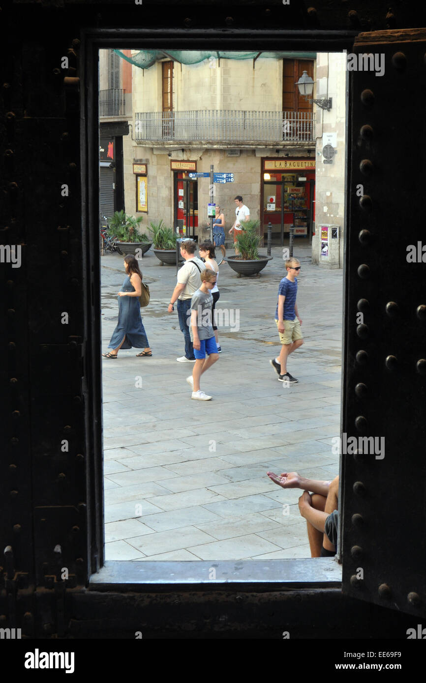 street scene from the doorway of Basílica de la Mercé church. Stock Photo