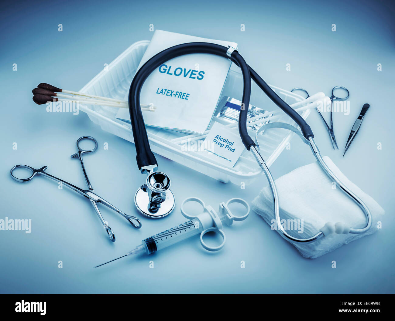 Medical instruments for ENT doctor on pale blue Stock Photo
