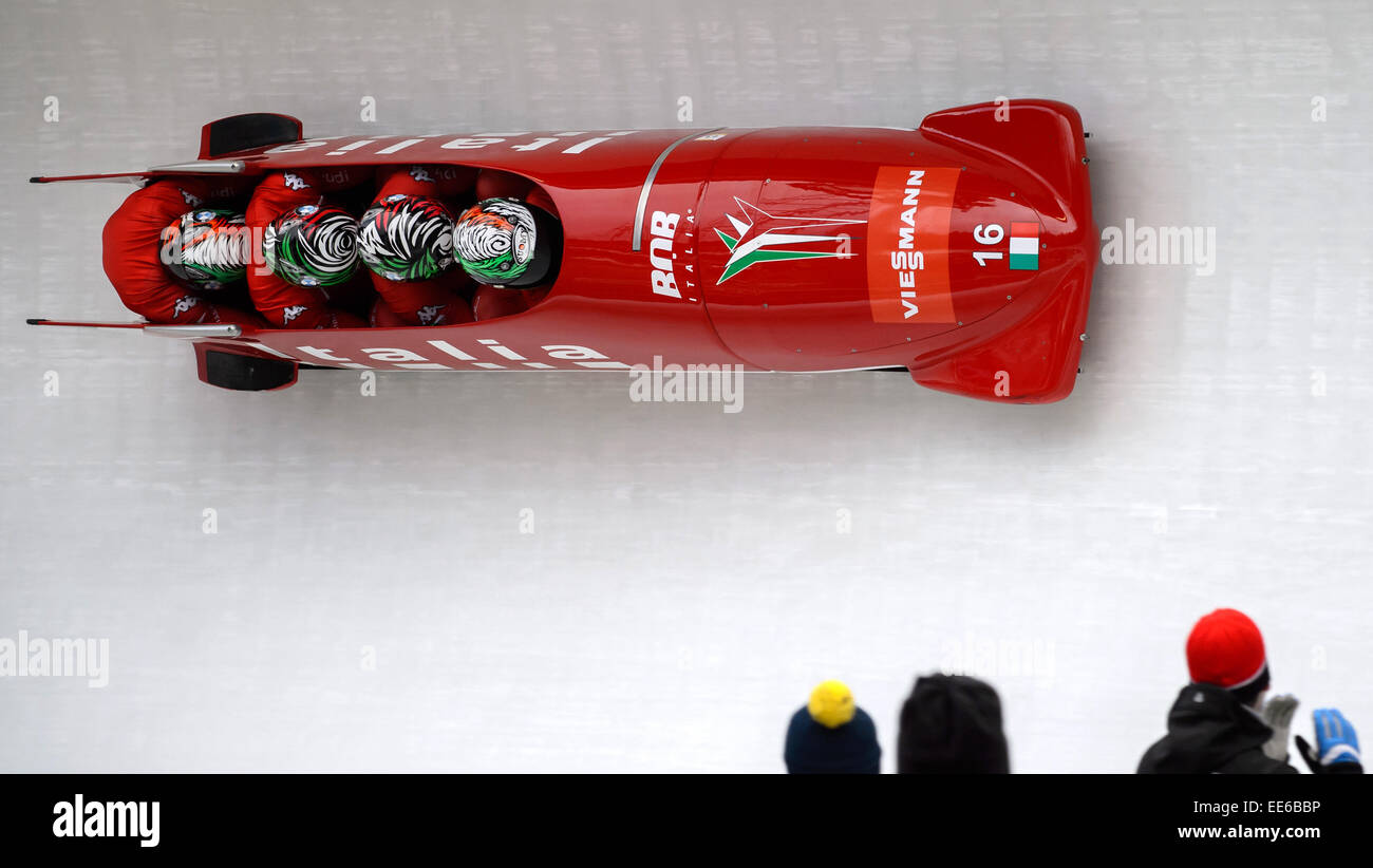Koenigssee, Germany. 11th Jan, 2015. Simone Bertazzo, Costantino Ughi, Marco Rosa and Francesco Costa (R-L) of Italy in action during the four-man bobsleigh event at the Bobsleigh World Cup in Koenigssee, Germany, 11 January 2015. Photo: Thomas Eisenhuth/dpa/Alamy Live News Stock Photo