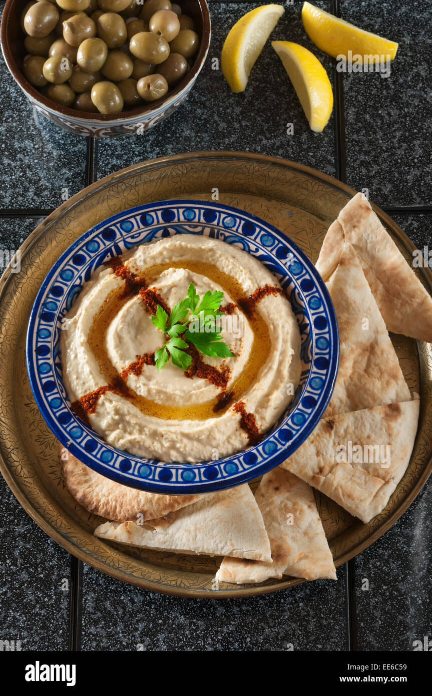 Hummus and pita bread Stock Photo